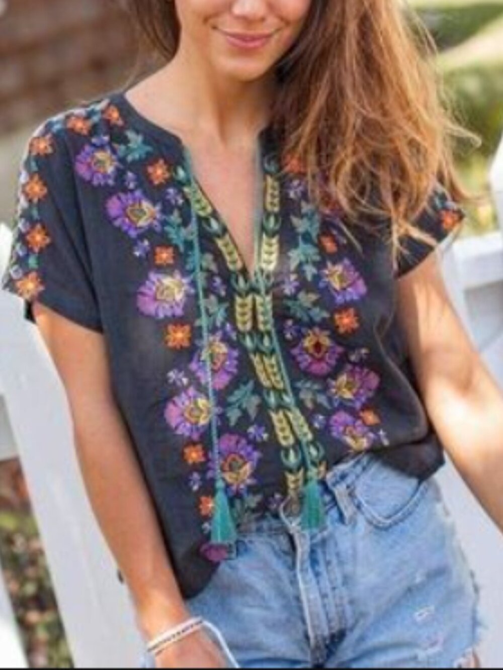 Natural Life Embroidered Top Tee Short Sleeve Floral Tassel Cotton Size Medium